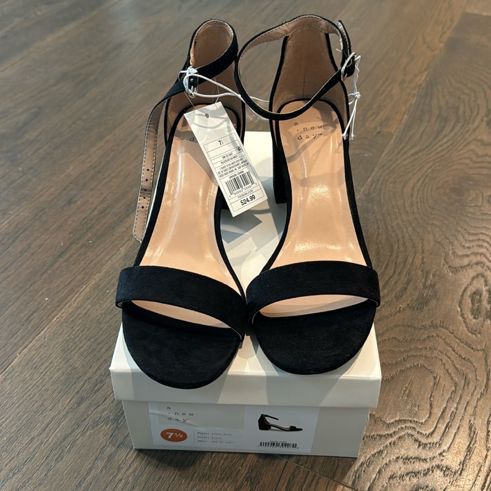 Brand New Ankle strap faux suede open toe heel sandals.2 and a half inch height.